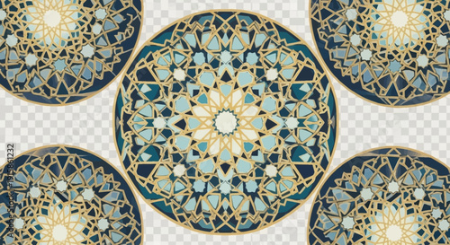 Intricate Islamic Patterns and Ornaments in a Symmetrical Arrangement, Featuring Ramadan Theme, Islamic Art, Culture and Decoration in a Digital Illustration
