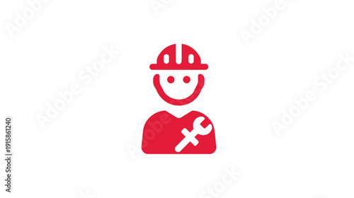 A red graphic of a person wearing a hard hat, smiling, holding a wrench on a white background