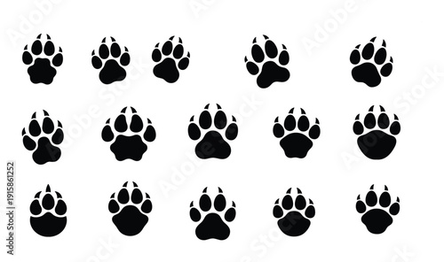 Paw print footprint animal track cat dog bear vector silhouette icon illustration isolated on background