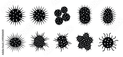 Set of bacteria viruses and microbes silhouette vector illustration in various styles