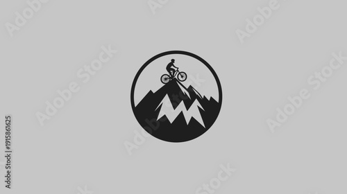 Black circular illustration of a cyclist riding on a mountain's peak, enclosed by a circle