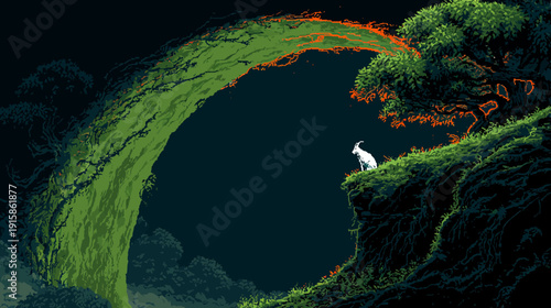A pixelated landscape depicting a cliffside with greenery and a white goat looking over a vibrant abyss