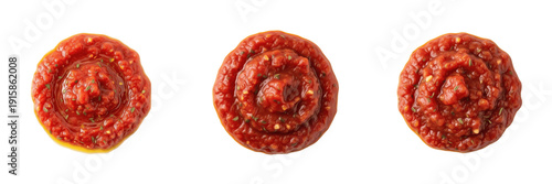 Top-down view of marinara sauce isolated on white background, perfect for pasta, pizza, Italian recipes, dipping, cooking, and culinary photography.