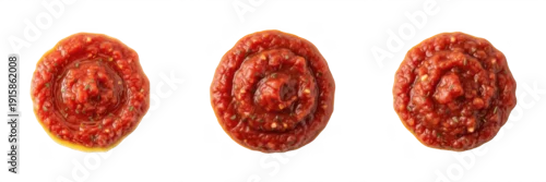 Obraz  z motywem Top-down view of marinara sauce isolated on white background, perfect for pasta, pizza, Italian recipes, dipping, cooking, and culinary photography.