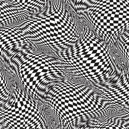 Abstract black and white distorted checkerboard pattern with wavy optical illusion effect for modern experimental graphic design vector