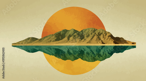 Abstract landscape of a mountain range mirrored in water, with a sunset and a textured, beige background