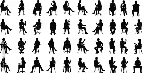 Collection of forty silhouette icons showing seated human figures, diverse postures, gestures, activities, relaxation, communication, technology use flat vector