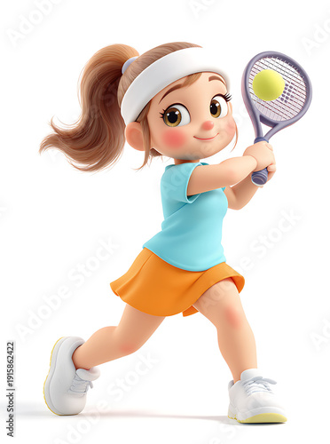 Cute 3D Tennis Player Character Hitting a Forehand Shot with Racket and Ball on White Background | Sports Mascot Illustration