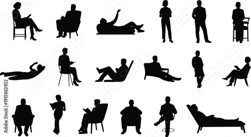 Set of sixteen silhouette icons showing seated and reclining human figures, diverse postures, gestures, reading, relaxation, communication poses flat vector