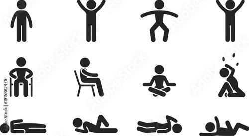 Set of twelve silhouette icons showing fitness, yoga, meditation, stretching, workout, ergonomic health postures and exercises flat vector