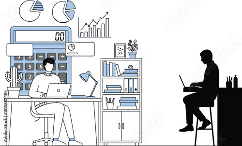 Modern flat vector illustration of hybrid office workspace with accountant using laptop large calculator and silhouette remote worker
