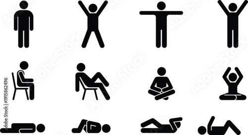 Set of twelve silhouette icons showing human postures, standing, sitting, lying, yoga, exercise, meditation, ergonomic positions flat vector