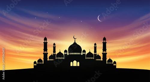 Serene mosque silhouette at sunset with crescent moon and stars in the sky, RAMADAN KAREEM celebration vector illustration
