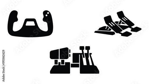 Set of steering wheel and racing pedals vector black design element race car simulator controls