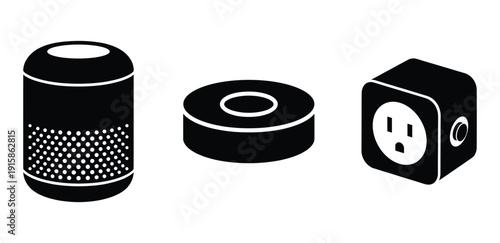 Smart home automation devices vector design in black and white style with plug in isometric view