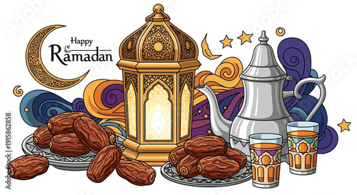 Celebrating Ramadan with lantern, dates, tea, and crescent moon in a vibrant and festive illustration