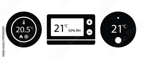 Smart thermostat with digital display showing indoor temperature and humidity in degree celsius