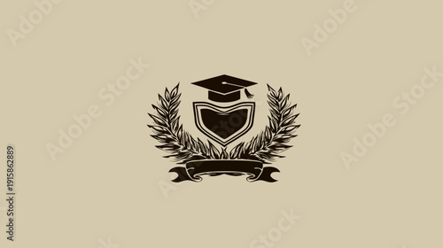 A graduation emblem with a cap, shield, laurel wreath, and banner, centered on a beige background