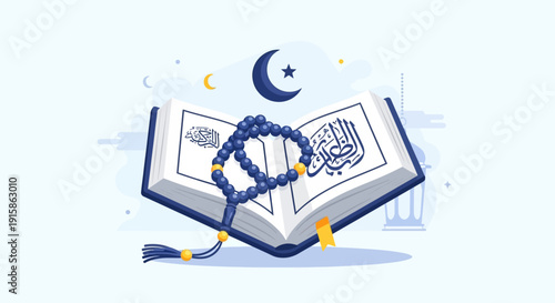 Illustration of Ramadan Kareem concept with prayer beads, book, and crescent moon symbolizing spirituality and faith during the holy month