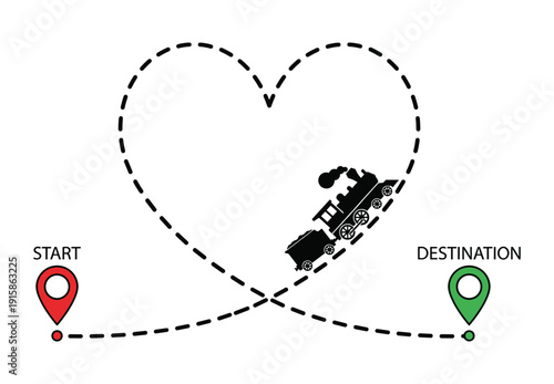 Train love route with start and destination railway travel by steam locomotive isolated vector