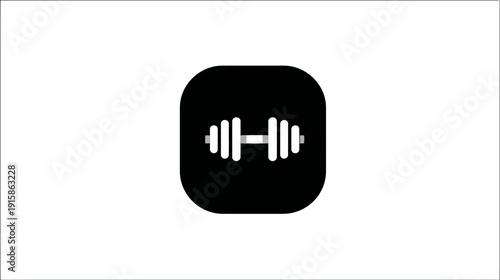 A black square with rounded edges featuring a stylized white dumbbell icon centered