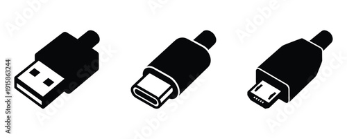 Universal serial bus cable connectors for electronics devices in isometric black isolated vector set