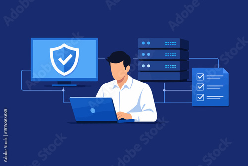 Cybersecurity Management: IT Specialist Securing Data and Server Infrastructure. Network Protection and System Compliance Illustration.