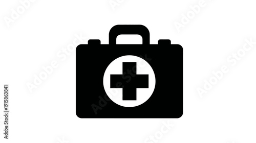 A black and white illustration of a medical kit with a cross emblem