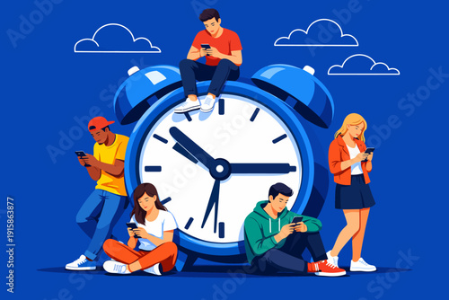 Digital Dependence: Young People Focused on Smartphones, Wasting Time Around a Giant Clock. Social Media Addiction and Screen Time.