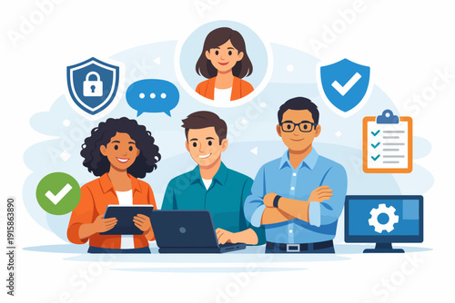 Diverse Data Security and IT Support Team Illustration. Cybersecurity Professionals, Business Consultants, and Customer Service Staff Ensuring Compliance and Protection.