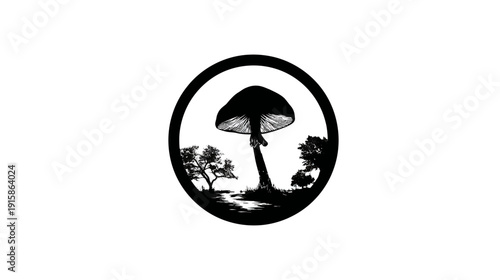 Black and white illustration set within a circle of a mushroom above a creek with trees