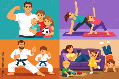 Diverse Family Activities Illustration: Parents and Children Doing Yoga, Martial Arts Training, Sports, and Fun Daily Home Life Scenes