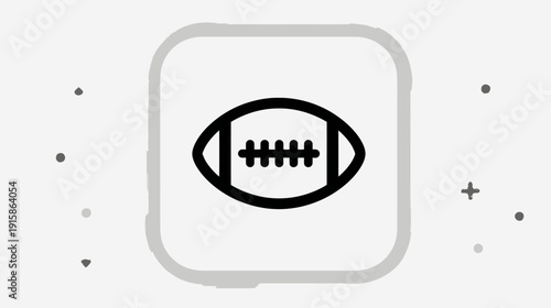 Black graphic of an American football in a rounded square with grey border and scattered shapes