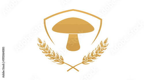 A golden logo featuring a mushroom within a shield, flanked by wheat, on a white background