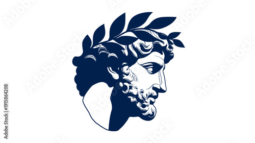 A classical profile of a male head wearing a laurel wreath in dark blue on a white background
