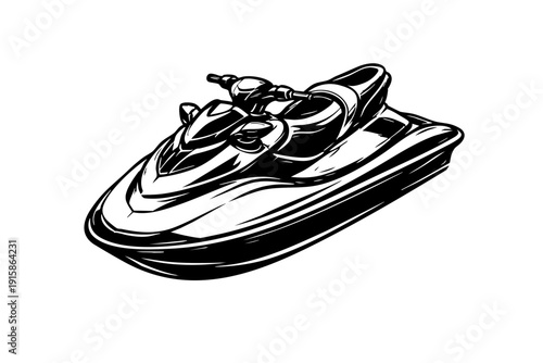 Isometric view of a jet ski showing hull geometry, seat, and handlebar structure