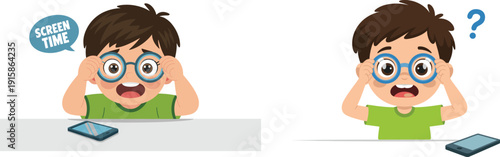 Child screen time concept illustration, kid wearing glasses using smartphone device, digital eye strain awareness cartoon isolated background