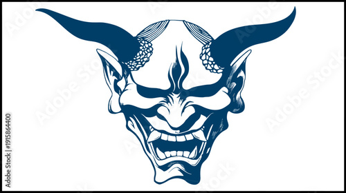 A dark blue illustration of a demonic mask with horns, sharp teeth, and detailed facial features