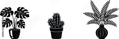 Houseplant silhouette set, monstera tropical leaves, cactus in pot, decorative foliage vase illustration, indoor plant black silhouette collection