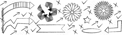 Crayon scribble doodle underlines, ovals and hand drawn scrapbook elements. Hand drawn arrows and cross hatch texture. vector illustration ,