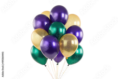 A Cluster of Purple, Green, and Gold Balloons on a Transparent Background. Digital Design Asset Cutout Element