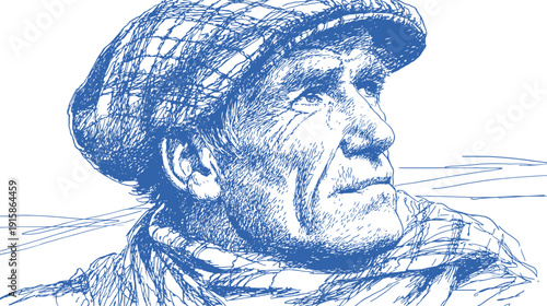 A detailed blue ink drawing of an elderly man with a cap, looking off into the distance