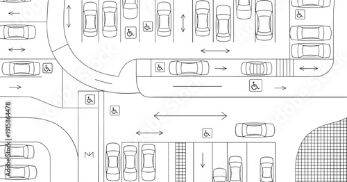 Isometric parking lot layout with cars, traffic flow arrows, accessible parking spaces, and pedestrian walkways