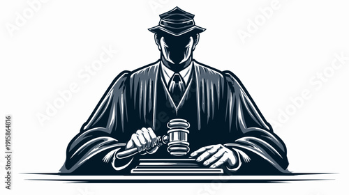 A shadowed figure wearing a hat and judge's robes holds a gavel on a bench