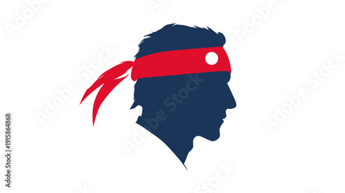 A silhouette of a man with a red headband and a white dot on the front, on a white backdrop