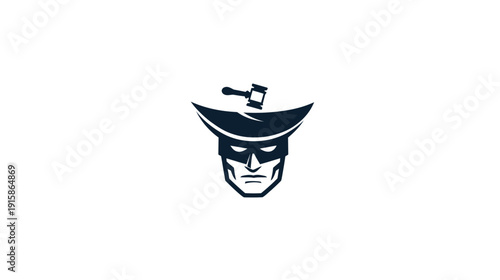 A dark blue illustration of a masked face with a hat, a gavel is placed atop the head