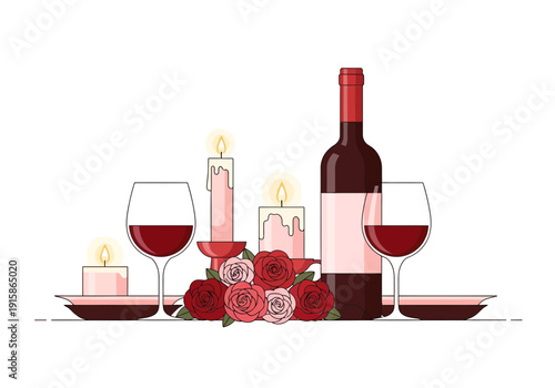 Romantic dinner setup with wine, roses, and candles on table