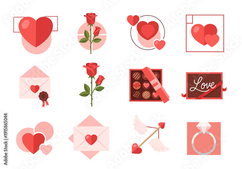 Valentine's Day icons with hearts roses and love symbols