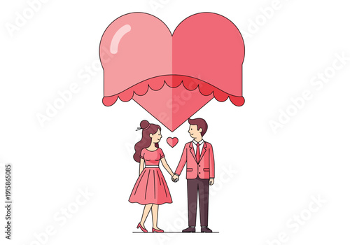 Loving couple holding hands under giant pink heart symbol