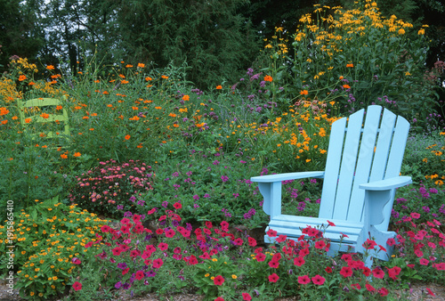 63821-171.10 Blue Adirondack chair and green chair in flower garden, Marion Co. IL